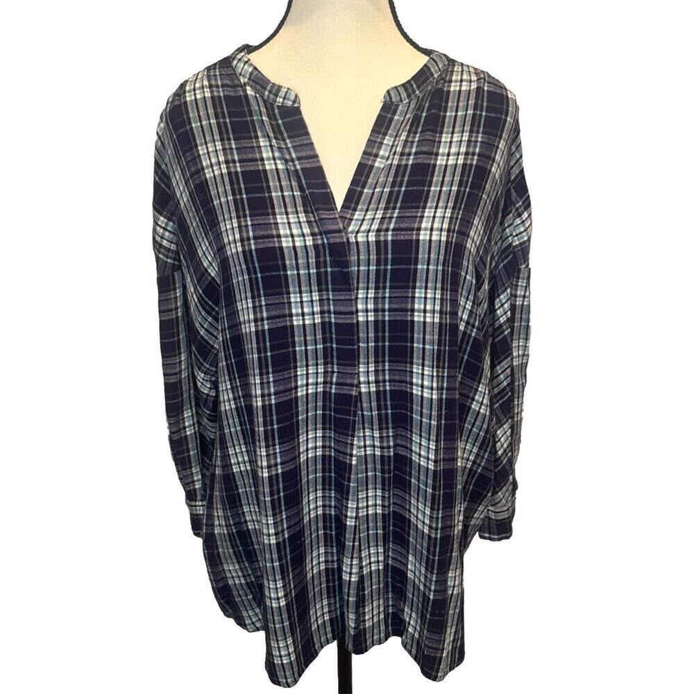 Lane Bryant Rayon BLUE Plaid Flannel V Neck Tunic‎ Shirt 3/4 Sleeve Sz 14/16
